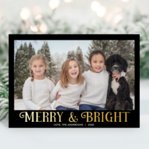 Merry and Bright zwart goud modern één foto Folie Feestdagenkaart