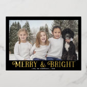 Merry and Bright zwart goud modern één foto Folie Feestdagenkaart (Voorkant)