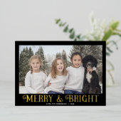 Merry and Bright zwart goud modern één foto Folie Feestdagenkaart (Staand Voorkant)