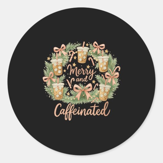 Merry And Caffeinated Christmas Iced Coffee Wreath Ronde Sticker (Voorkant)