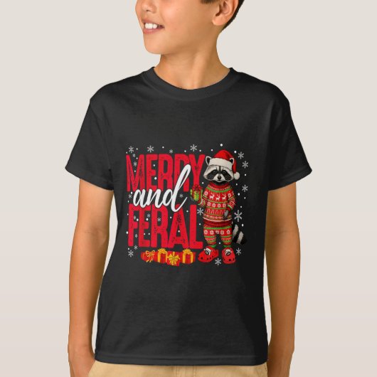 Merry And Christmas Feral Funny Raccoon Santa Hat  T-shirt (Voorkant)
