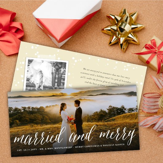 Merry and getrouwde Simple Script Photo Wedding Feestdagenkaart