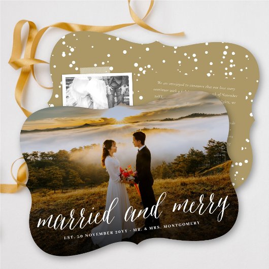 Merry and getrouwde Simple Script Photo Wedding Feestdagenkaart