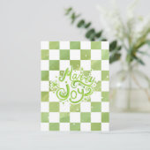 Merry and Joy Green Checkered Holiday Postcard Briefkaart (Staand voorkant)