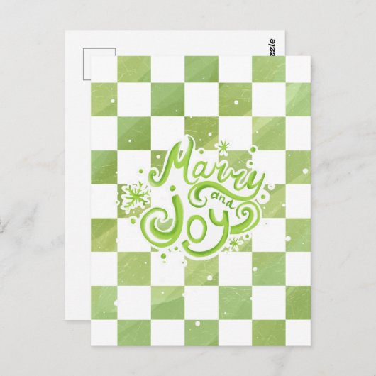 Merry and Joy Green Checkered Holiday Postcard Briefkaart (Voorkant / Achterkant)
