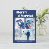 Merry and Married 3 foto's Collage Bruiloftsblauw Feestdagenkaart (Staand voorkant)
