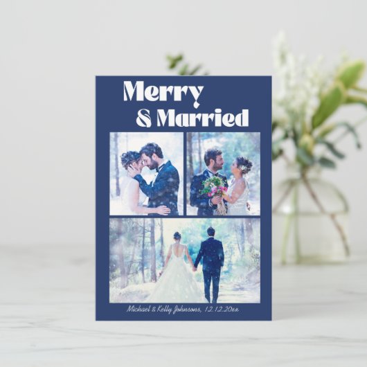 Merry and Married 3 foto's Collage Bruiloftsblauw Feestdagenkaart (Staand voorkant)
