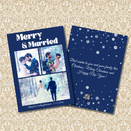 Merry and Married 3 foto's Collage Bruiloftsblauw Feestdagenkaart