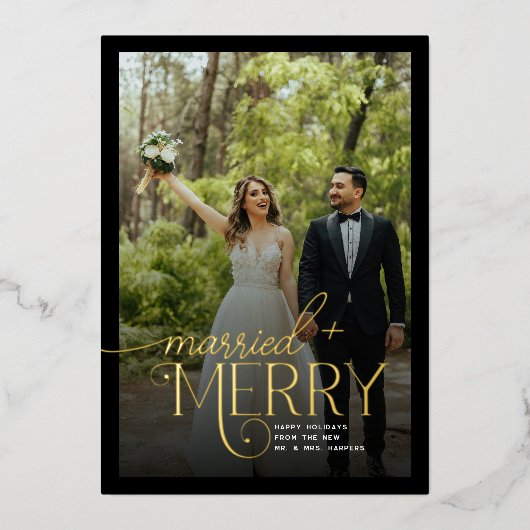 Merry and Married 3 foto's Passen getrouwd Kerst Folie Feestdagenkaart (Voorkant)
