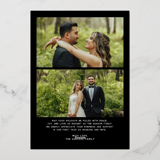 Merry and Married 3 foto's Passen getrouwd Kerst Folie Feestdagenkaart (Achterkant)