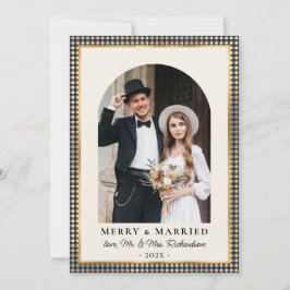 Merry and Married Arch Photo Black Gold Plaid  Feestdagenkaart