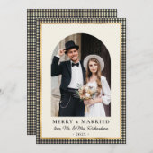 Merry and Married Arch Photo Black Gold Plaid  Feestdagenkaart (Voorkant / Achterkant)