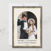 Merry and Married Arch Photo Black Gold Plaid  Feestdagenkaart (Voorkant)