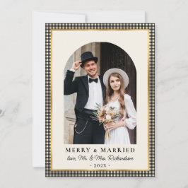 Merry and Married Arch Photo Black Gold Plaid  Feestdagenkaart