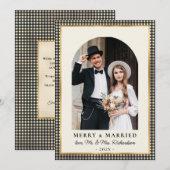 Merry and Married Arch Photo Black Gold Plaid  Feestdagenkaart (Voorkant / Achterkant)
