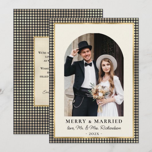 Merry and Married Arch Photo Black Gold Plaid Feestdagenkaart (Voorkant / Achterkant)