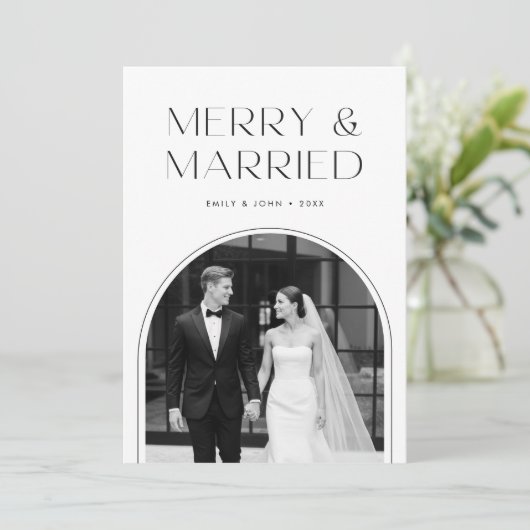 Merry And Married Black And White Photo Christmas Feestdagenkaart (Staand voorkant)