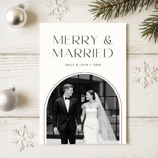Merry And Married Black And White Photo Christmas Feestdagenkaart