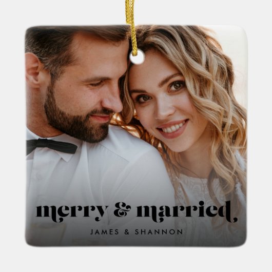 Merry and Married Elegant Modern Photo Holiday Keramisch Ornament (Voorkant)