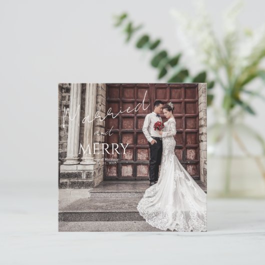  Merry and Married Elegant Photo Wedding Bedankkaart (Staand voorkant)