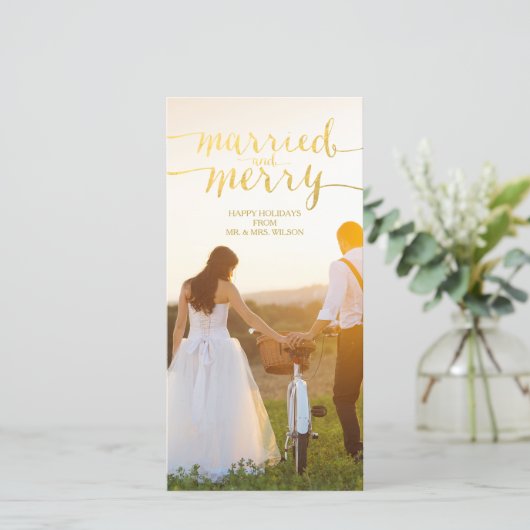 MERRY AND MARRIED GOLD HOLIDAY FOTO CARD FEESTDAGENKAART (Staand voorkant)