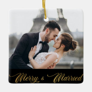 Merry and Married Gold Script Pas getrouwd Ornamen Keramisch Ornament