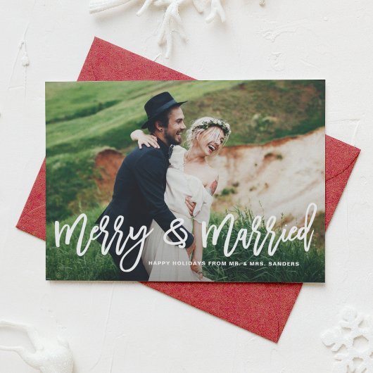 Merry and Married Hand Lettered Holiday Photo Card Feestdagenkaart
