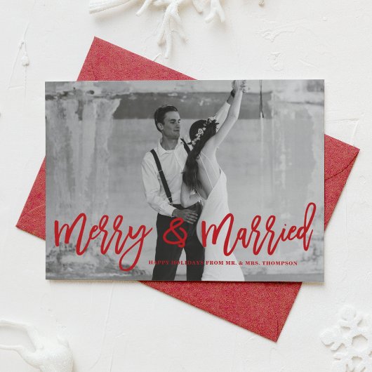 Merry and Married Hand Lettered Holiday Photo Card Feestdagenkaart