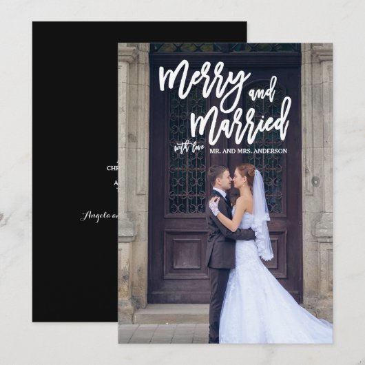 Merry and Married Hand Lettered Holiday Photo Card Feestdagenkaart (Voorkant / Achterkant)
