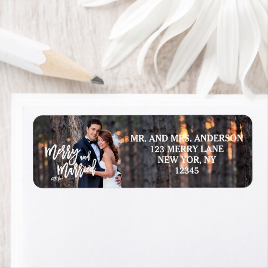 Merry and Married Hand Script | Holiday-foto Etiket (Insitu)