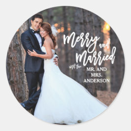 Merry and Married Hand Script | Holiday-foto Ronde Sticker