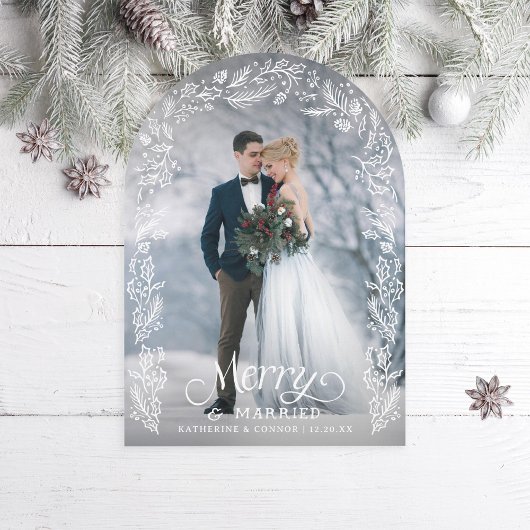Merry and Married Holly Photo Holiday Card Kaart