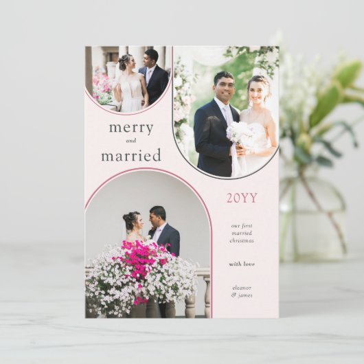 Merry and Married Modern Arch Pas getrouwd 3 Foto Feestdagenkaart (Staand voorkant)