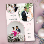 Merry and Married Modern Arch Pas getrouwd 3 Foto Feestdagenkaart<br><div class="desc">Voor uw eerste kerst als een getrouwd stel, deze eenvoudige, retro moderne vakantie foto kaart toont 3 van uw favoriete trouwfoto's of kerst foto's. Uw foto's worden weergegeven in een trio van boogvormige lijsten en het ontwerp is geletterd met "vrolijk en getrouwd". U kunt eenvoudig de kleuren wijzigen en ook...</div>