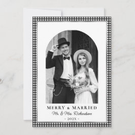 Merry and Married Newlywed Photo Black White Plaid Feestdagenkaart