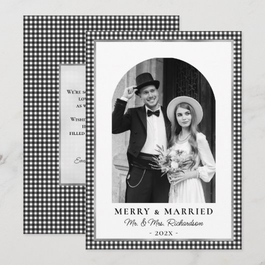 Merry and Married Newlywed Photo Black White Plaid Feestdagenkaart (Voorkant / Achterkant)