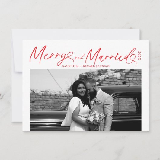 Merry and Married Pas getrouwd script voor kerst Feestdagenkaart (Voorkant)