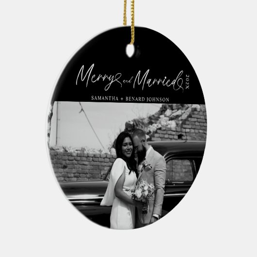 Merry and Married Pas getrouwd script voor kerst Keramisch Ornament (Rechts)