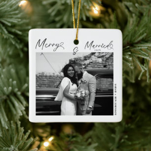 Merry and Married Pas getrouwd script voor kerst Keramisch Ornament