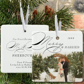 Merry and Married Photo en Mr en Mrs Calligraphy Keramisch Ornament