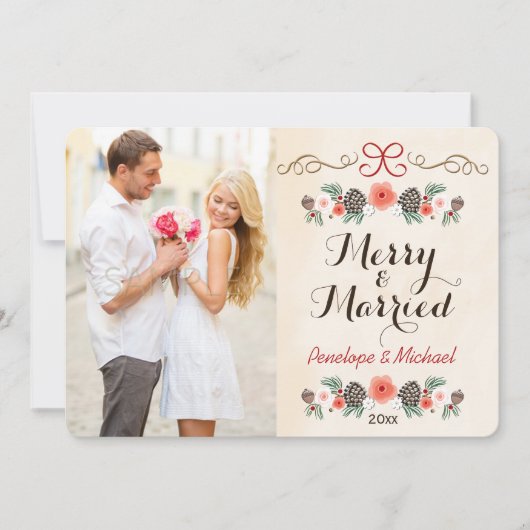 Merry and Married Pine Cone Photo Holiday Card Feestdagenkaart (Voorkant)