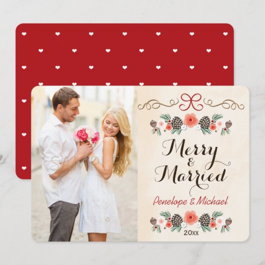 Merry and Married Pine Cone Photo Holiday Card Feestdagenkaart (Voorkant / Achterkant)