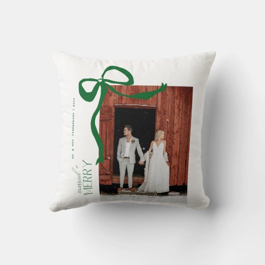 Merry and Married Script 2 Photos Christmas Bow Kussen (Achterkant)