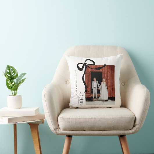 Merry and Married Script 2 Photos Christmas Bow Kussen (Stoel)