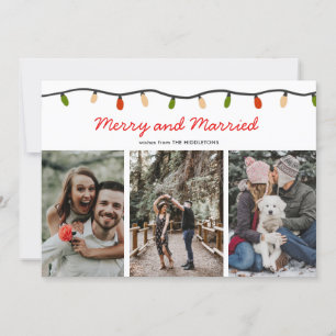 Merry and Married Script Christmas Lights Photo Feestdagenkaart