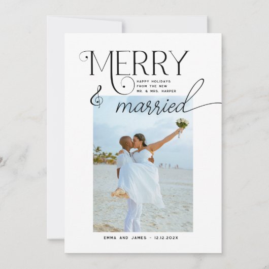 Merry and Married Script Foto Passen getrouwd Feestdagenkaart (Voorkant)