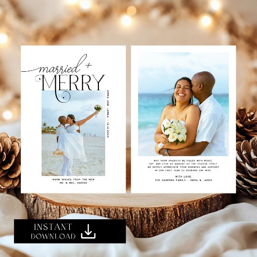 Merry and Married Script Foto Passen getrouwd Feestdagenkaart