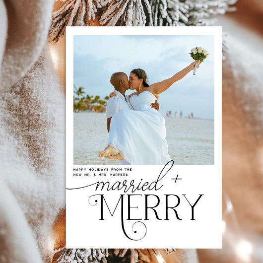 Merry and Married Script Foto Passen getrouwd Feestdagenkaart