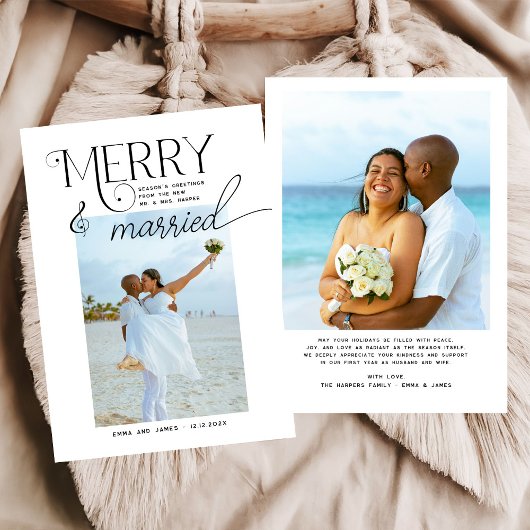 Merry and Married Script Foto Passen getrouwd Feestdagenkaart