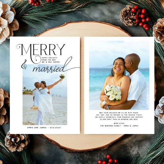Merry and Married Script Foto Passen getrouwd Feestdagenkaart
